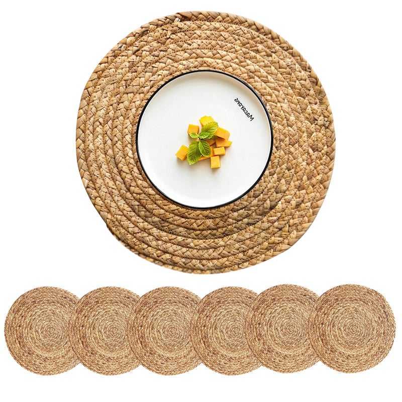 CY SISTERS Woven Placemats Round Placemats Set of 6, 13.5 Inch Wicker Placemat Circle Rattan Placemats Farmhouse Boho Braided Natural Water Hyacinth Place Mats for Indoor & Outdoor Table Decor - Image 1